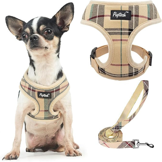 PUPTECK Soft Mesh Dog Harness and Leash Set Pet Puppy Cat Comfort Padded Vest No Pull Harnesses, Beige, XS