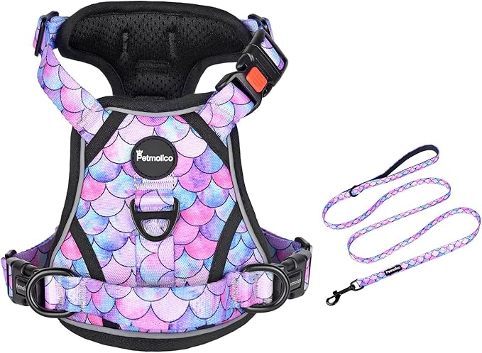 Petmolico No Pull Dog Harness and Leash Set, No Choke 4 Leash Attchments Easy Control Handle Soft Padded Reflective Vest Dog Harness for Small Dog Breed, Mermaid Style Small