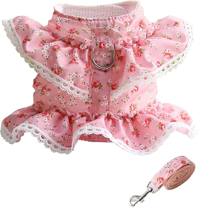 Dog Dress for Small Dogs,Cute Floral Girl Female Dog Dress Harness, Easy Walk Dogs Harness and Leash Set, Spring Summer Cat Puppy Outfit Clothes for Chihuahua Yorkshire, Pink M