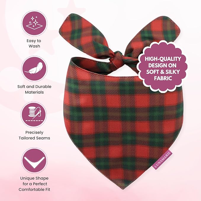 Luxury Pet Birthday Bandanas -Premium & Silky Poly Fabric | 100% Handmade | Custom Shape Dual Layered (Jingle Plaid, Large)