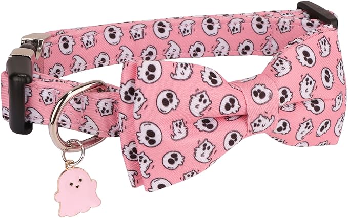 ADOGGYGO Halloween Dog Collar with Bowtie, Pink Ghost Pet Collars with Detachable Bow, Adjustable Pink Halloween Collars for Small Medium Large Dogs (Small)