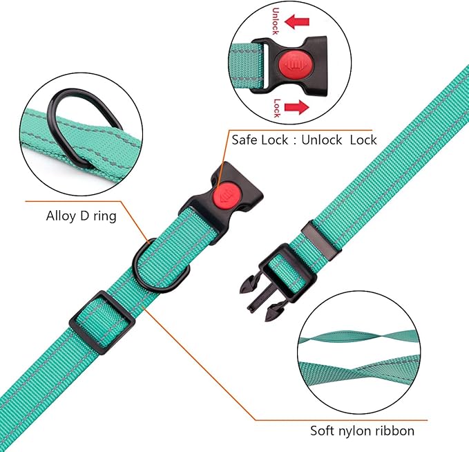 Reflective Dog Collar and Leash Set with Safety Locking Buckle Nylon Pet Collars Adjustable for Small Medium Large Dogs 3 Sizes(Mint Green&S)