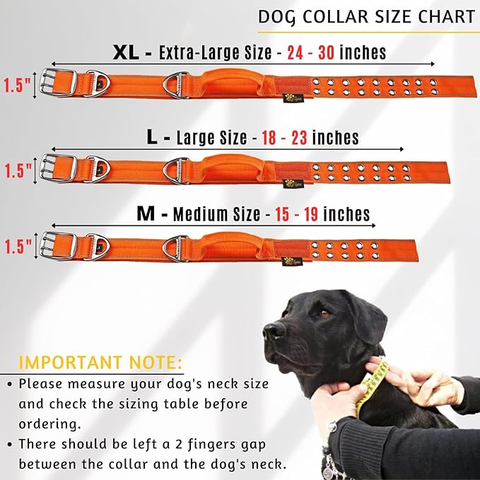 ADITYNA Heavy Duty Dog Collar for Medium Dogs - Reflective Orange Collar with Handle for Training, and Walking - Wide, Thick, Tactical, Soft Neoprene Padded