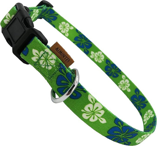 Dog Collar, Cute Floral Pattern, Soft and Adjustable Collar with Quick Release Buckle (S (Neck 11-18", Width 5/8"), Hawaiian Green)