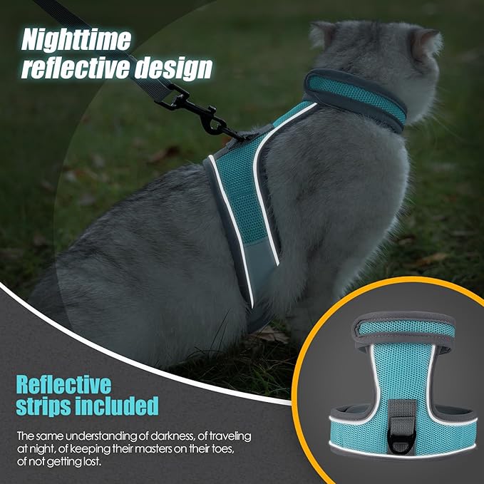 Cat Harness and Leash Set, Escape Proof Adjustable Kittens Vest with Reflective Strip, Easy to Wear for Cats Walking and Traveling, Soft Mesh Kitten Harness for Small Medium Large Cats