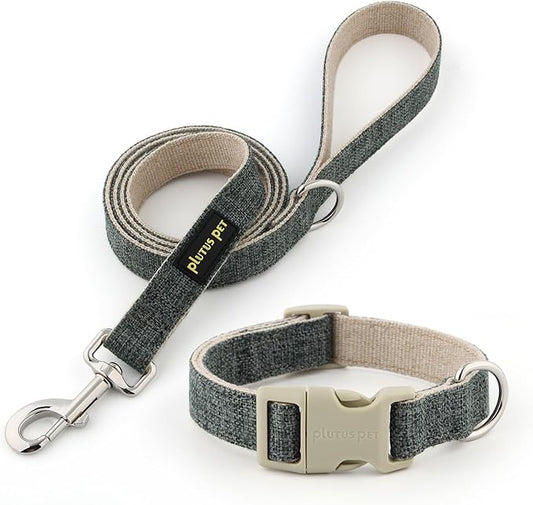 Plutus Pet Cotton Hemp Dog Collar and Leash Set, Adjustable Collar for Small, Medium, and Large Dogs, Heavy Duty and Soft on Skin, Gray, S
