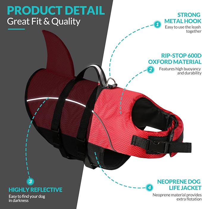 Queenmore Small Dog Life Jacket,Shark Dog Life Vest for Swimming,Puppy Light Life Preserver for Boating Kayaking Canoeing,Pet Reflective Lifesaver with High Buoyancy,Rescue Handle,Leash Hook (Red,XS)
