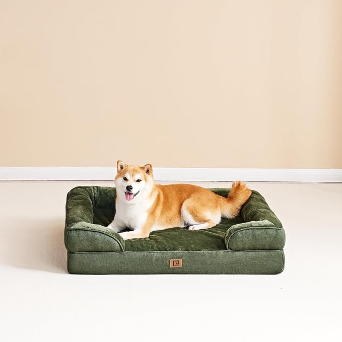 EHEYCIGA Orthopedic Dog Bed for Small Dogs, Waterproof Memory Foam Small Dog Beds with Sides, Non-Slip Bottom and Egg-Crate Foam Medium Pet Couch Bed with Washable Removable Cover, Dark Green