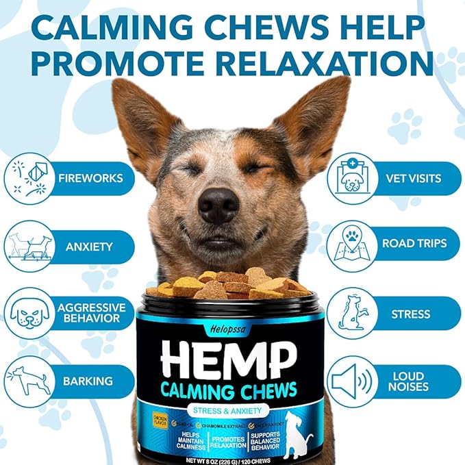 Hemp Calming Chews for Dogs with Anxiety and Stress - Anxiety Relief Chews for Storms, Fireworks, Thunder, Barking, Separation - Valerian, L-Tryptophan, Hemp Oil - Chicken - 120 Dog Calming Treats