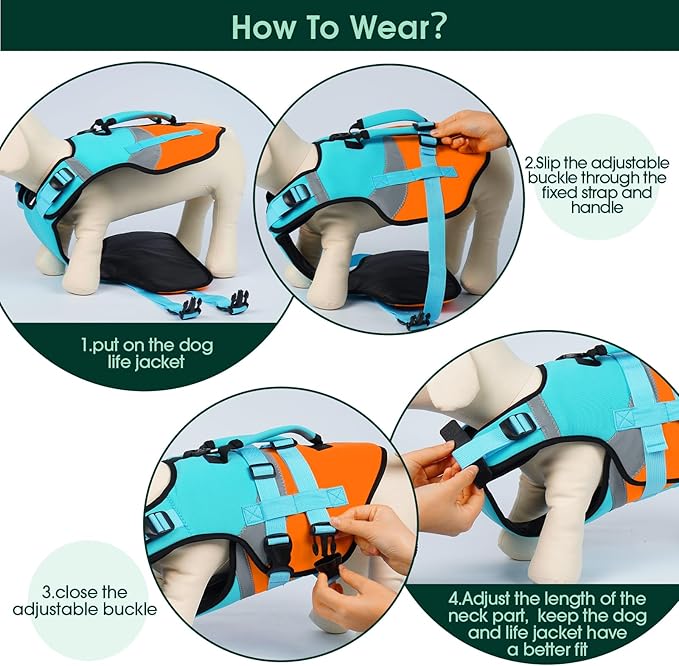 Kuoser Dog Life Jacket, XS High Flotation Dog Life Vest for Swimming Boating, Reflective Small Dogs Swimsuit Lifejacket, Puppy Pet Life Preserver with Double Rescue Handle, Blue, XS