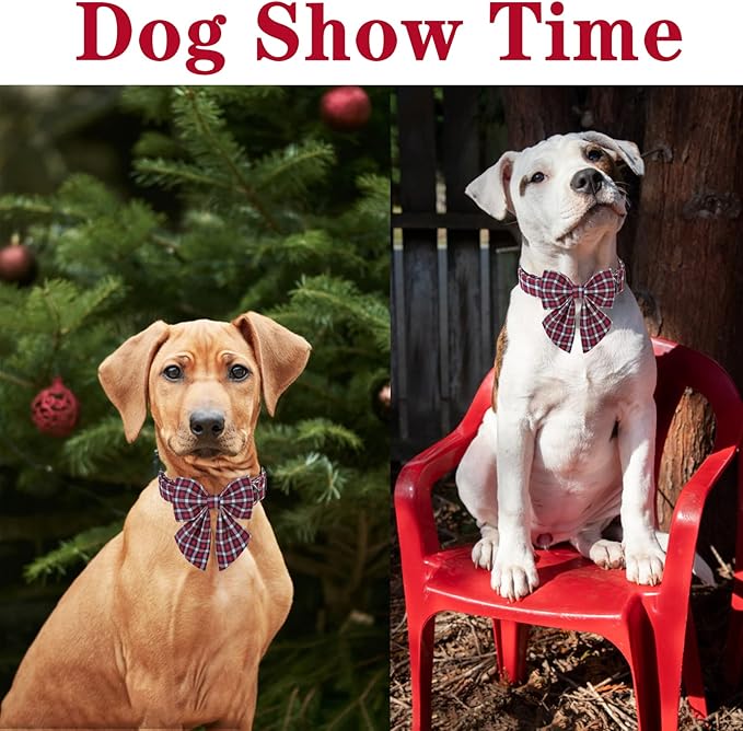Unique style paws Christmas Dog Collar with Bow Tie Red Blue Plaid Puppy Collar for Small Medium Large Dogs as Holiday Autumn Winter Gifts-L