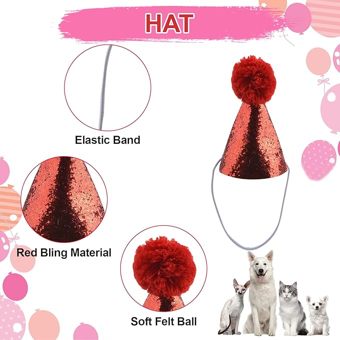 Dog Birthday Bandana Hat Bow Tie Set, 3 Pieces Foldable My Gotcha Day Plaid Dog Bandana Dog Birthday Party Hat with Cute Dog Bow Tie Collar for Dogs Cats Pets, Red