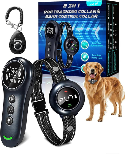 2-in-1 Shock Collar for Dogs, Dog Training Collar - 3300FT Anti Barking Dog Bark Collar with Remote Control IP67 Waterproof, 5 Adjustable Sensitivity for Dogs 10-150lbs, E-Collar Security Lock
