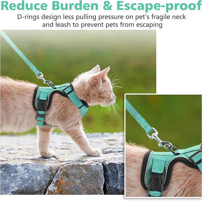 Dooradar Cat Harness and Leash Set, Escape Proof Safe Adjustable Kitten Vest Harnesses for Walking, Easy Control Soft Breathable Mesh Jacket with Reflective Strips for Cats, Green, S