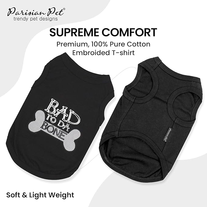 Parisian Pet Dog T-Shirt - Embroidered Bad to Da Bone Dog Clothes - 100% Cotton, Sleeveless Pet Vest - Machine Washable Shirt for Small Dogs S