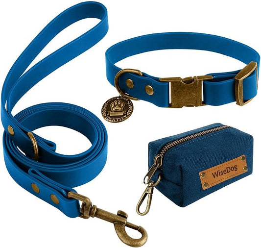 Wisedog Dog Collar and Leash Set Combo: Adjustable Durable Pet Collars with Dog Leashes for Small Medium Large Dogs, Includes One Bonus of Poop Bag Holder (M, Blue)
