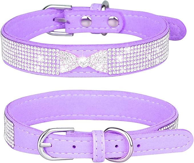 Rhinestone Dog Collar, Cute Dazzling Sparkling Soft Suede Leather Dog Cat Rhinestone Collar Crystal Diamond Pet Dog Puppy Collar (S, Purple-2)