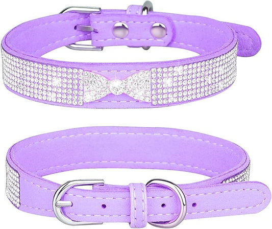 Rhinestone Dog Collar, Cute Dazzling Sparkling Soft Suede Leather Dog Cat Rhinestone Collar Crystal Diamond Pet Dog Puppy Collar (M, Purple-2)