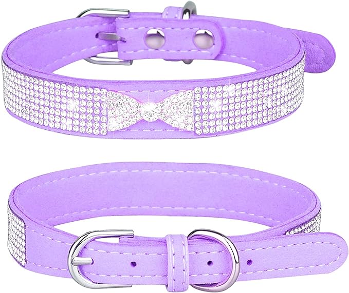 Rhinestone Dog Collar, Cute Dazzling Sparkling Soft Suede Leather Dog Cat Rhinestone Collar Crystal Diamond Pet Dog Puppy Collar (L, Purple-2)