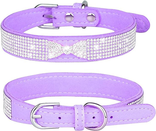 Rhinestone Dog Collar, Cute Dazzling Sparkling Soft Suede Leather Dog Cat Rhinestone Collar Crystal Diamond Pet Dog Puppy Collar (L, Purple-2)