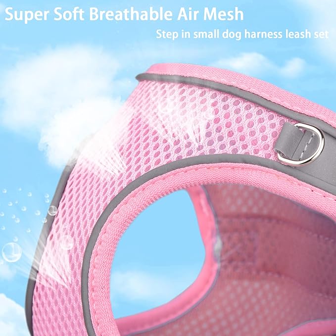 Soft Small Dog Harness and Leash Set Mesh Puppy Harnesses Leash Easy Walk Dog Harness Vest Adjustable Reflective No Pull Dog Harnesses for Small Dogs Cats (Pink,L)