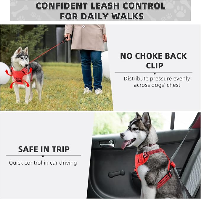 No Pull Dog Harness with A Free Heavy Duty 5ft Dog Leash, Adjustable Soft Padded Dog Vest, Reflective No-Choke Pet Oxford Vest with Easy Control Handle for Small and Large Dogs(Red, Large)