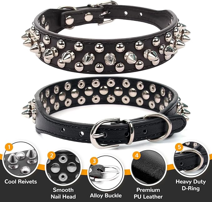 PETCARE Spiked Dog Collar Black Soft Pu Leather Funny Mushrooms Rivet Spike Studded Puppy Collar Adjustable Outdoor Pet Dog Collar for Small Medium Large Dogs Cats Chihuahua Pug Pit Bull Dog Collars