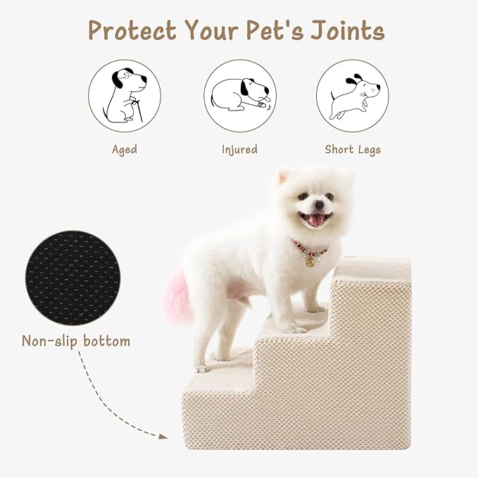 Dog Stairs for Small Dogs & Cats, 3-Step Non-Slip Pet Steps for Couch Sofa and Chair, Beige, 13.6" H