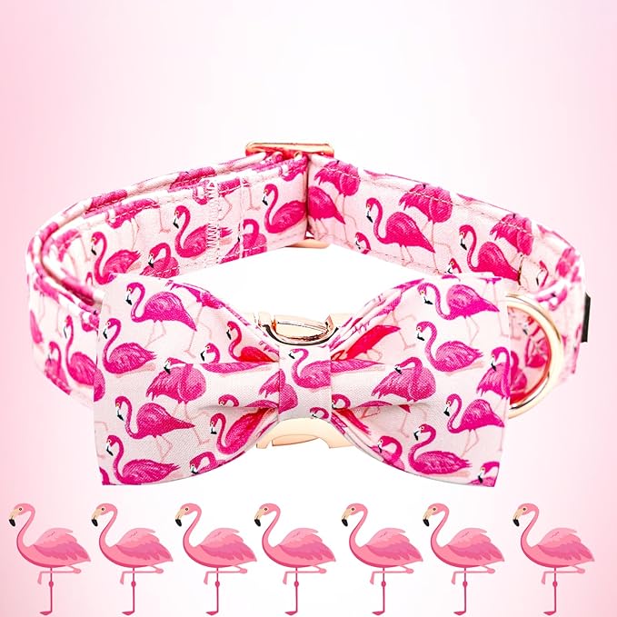 Elegant Little Tail Pink Flamingos Medium Dog Collar with Bow, Cotton, Unique Design, Durable Construction, Romantic Bow, Size M (1"W x 13.5"-22"L), Pink