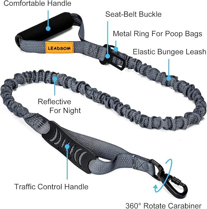 6FT Highly Reflective Heavy Duty Elastic Bungee Medium and Large Dog Leash Shock Absorbing with Comfortable Padded Handle and Traffic Handle Suitable for Training Grey