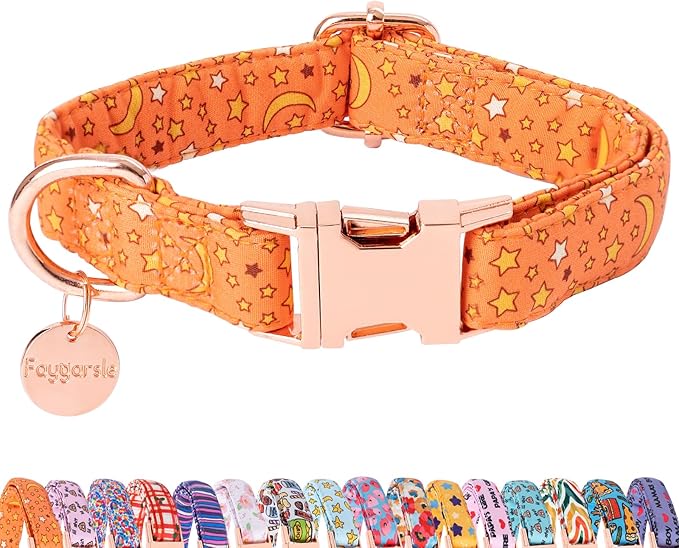 Faygarsle Orange Stars Moon Pattern Dog Collar for Small Medium Large Dogs Cute Puppy Collars for Female Dogs for Summer Spring Wedding Necklace Girl Dog Collar M