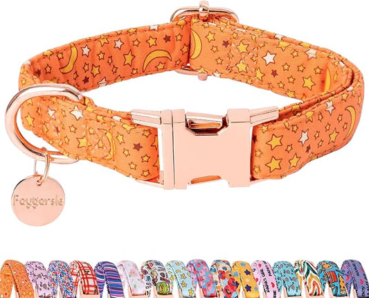 Faygarsle Orange Stars Moon Pattern Dog Collar for Small Medium Large Dogs Cute Puppy Collars for Female Dogs for Summer Spring Wedding Necklace Girl Dog Collar L