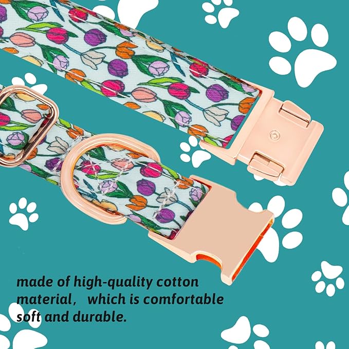 Dog Collar and Leash Set Girls Adjustable Puppy Collars with Floral Bow Tie for Small Medium Large Female Dogs, Tulip, S