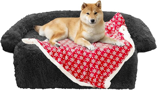 Calming Dog Bed Christmas Throw Blanket Fluffy Plush Dog Mat Furniture Protector Decoration Holiday Throw for Sofa Couch Cover for Large Medium Small Dogs Cats (Medium, Dark Grey)