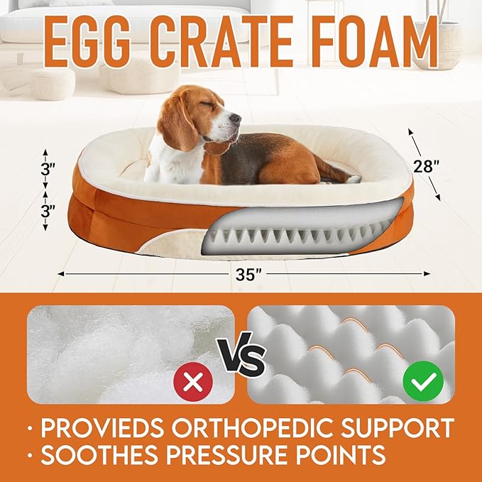 OhGeni Orthopedic Dog Couch Large Sized Pet Beds for Fathers Gifts with Comfort Foam Support, Soft Indestructible Fabric, Machine Washable Waterproof Removable Cover, 35-Inch (Orange)