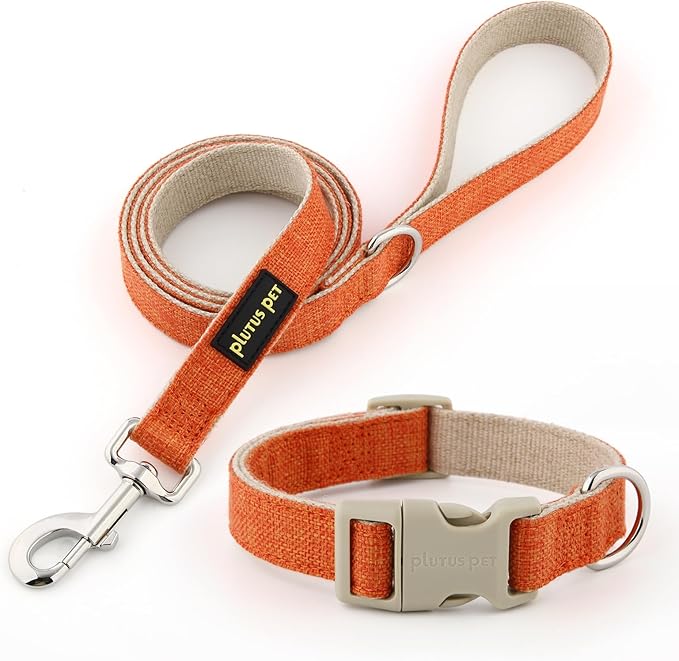 Plutus Pet Cotton Hemp Dog Collar and Leash Set, Adjustable Collar for Small, Medium, and Large Dogs, Heavy Duty and Soft on Skin, Orange, L