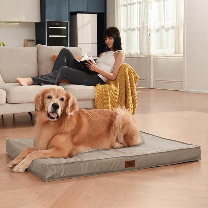 Orthopedic Dog Bed for Large Dogs, Waterproof Dog Crate Bed Washable Pet Bed for Large Sized Dogs with Egg Crate Foam Pet Mat, Removable Oxford Cover, Khaki