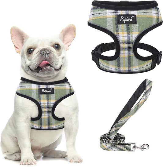 PUPTECK Soft Mesh Dog Harness and Leash Set Pet Puppy Cat Comfort Padded Vest No Pull Harnesses, Green/Yellow, S