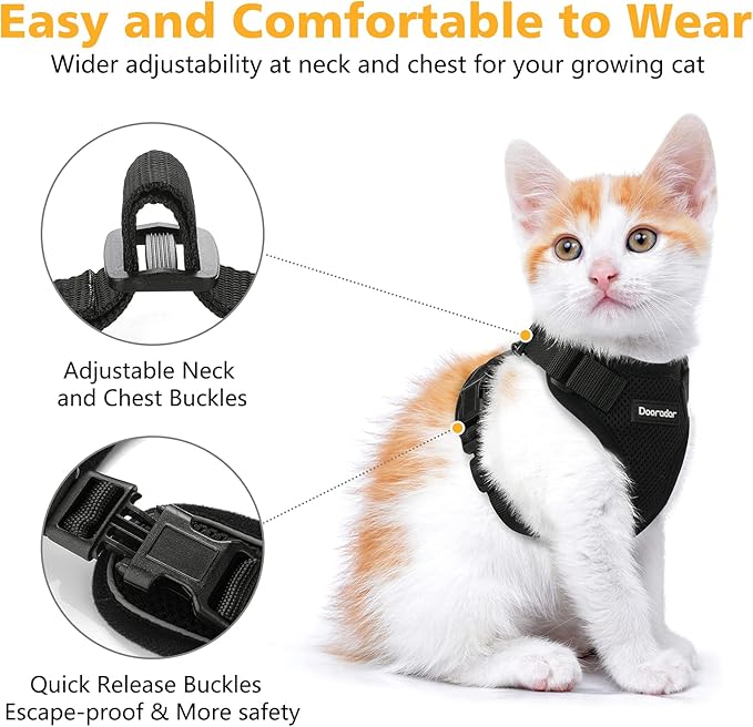 Dooradar Cat Harness and Leash Set, Escape Proof Safe Adjustable Kitten Vest Harnesses for Walking, Easy Control Soft Breathable Mesh Jacket with Reflective Strips for Cats, Black, XS