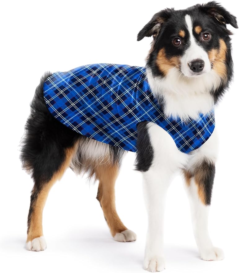 Stretch Fleece Dog Coat, Stretchy Pet Sweater, Machine Washable Pullover for Winter and Fall, Blue Plaid, 14