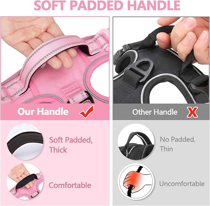 PoyPet No Pull Dog Harness, No Choke Reflective Dog Vest, Adjustable Pet Harnesses with Easy Control Padded Handle for Small Medium Large Dogs(Light Pink Matching Trim,L)