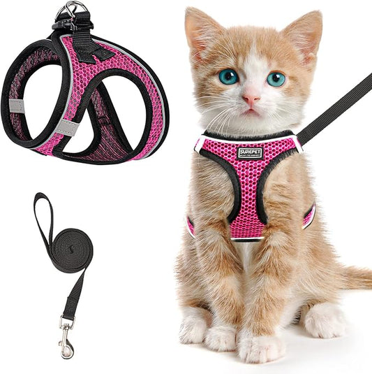 Cat Harness and Leash for Walking Escape Proof, Adjustable Kitten Vest Harness Reflective Soft Mesh Puppy Harness for Outdoor, Comfort Fit, Easy to Control (Pink, S)