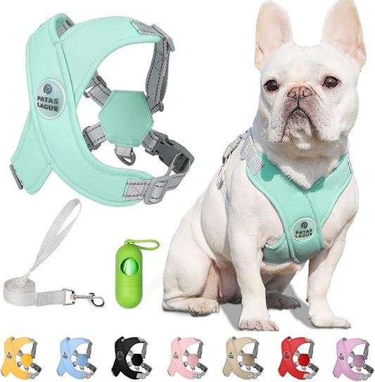 Patas Lague Dog Harness with Leash Set Adjustable Soft Padded Step-in Dog Vest No Choke No Pull Reflective for Medium Pets with Poop Bags and Dispenser, Solid and No-chew, Green L
