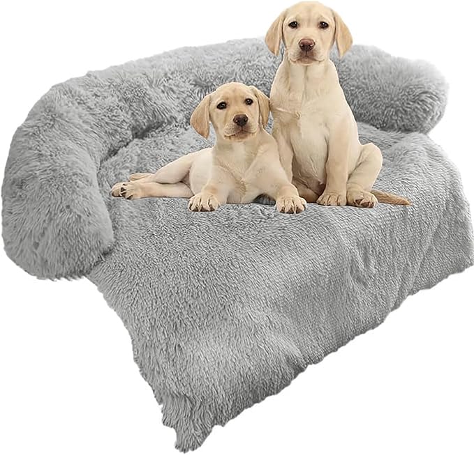 Calming Dog Bed Fluffy Plush Dog Mat for Furniture Protector with Removable Washable Cover for Large Medium Small Dogs and Cats (Medium, Grey)