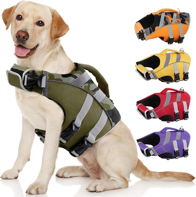 Kuoser High Visibility Dog Life Jacket with Adjustable Ripstop Lifesaver for Small, Medium, and Large Dogs