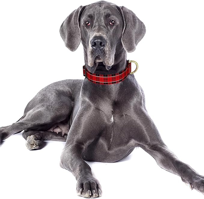 Reflective Dog Collar for Large Dogs, Cute Boho Adjustable Heavy-Duty Nylon Puppy Collar for Boy and Girl Female, Soft Pet Accessories with Quick Release Buckle, Black Red Tartan