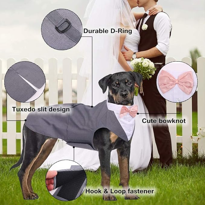 QBLEEV Tuxedo for Large Dogs, Suit and Bandana Set, Wedding Outfit With Bow Tie, Formal Tux Costume for Halloween Christmas Birthday Party Cosplay, Grey L