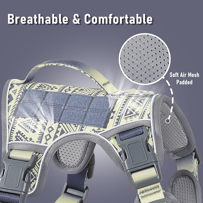 Gray Tactical Dog Harness for Large Dog Breeds, No Pull Adjustable Pet Harness with Handle, Reflective K9 Military Service Dog Vest for Walking Hiking Training, Gray Ethnic, XL