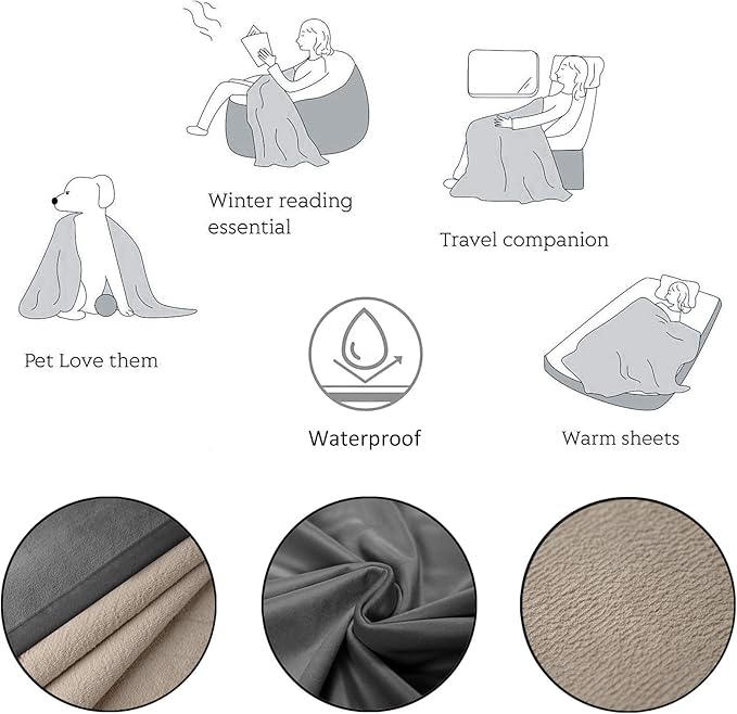 Ameritex Pet Bed Blanket Reversible 100% Waterproof Velvet Super Soft for Sofa and Bed (52x82 Inches, Light Grey+Beige)