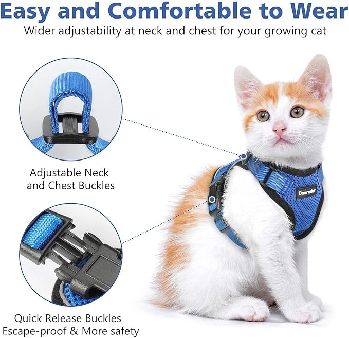 Dooradar Cat Harness and Leash Set, Escape Proof Safe Adjustable Kitten Vest Harnesses for Walking, Easy Control Soft Breathable Mesh Jacket with Reflective Strips for Cats, Blue, M